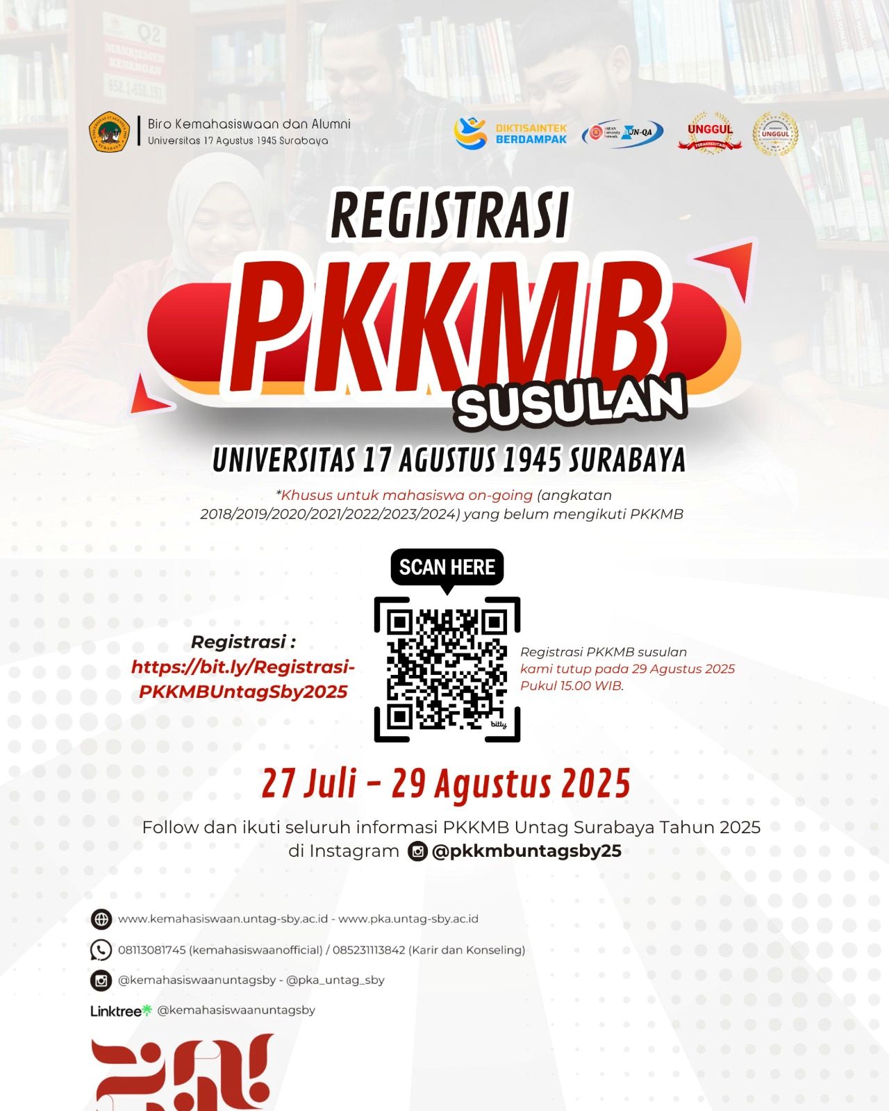 UNTAG Surabaya Buka Pendaftaran PKKMB Susulan untuk Mahasiswa On-Going Angkatan 2018–2024
