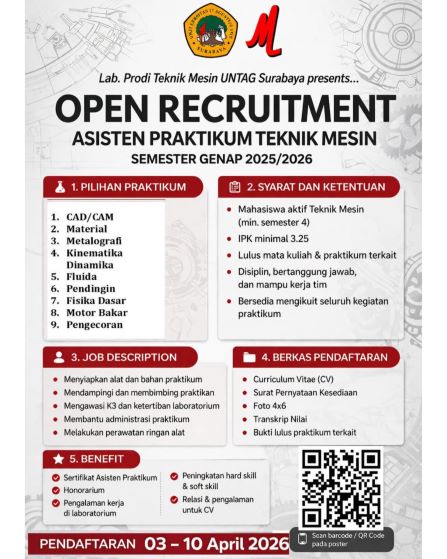 Teknik Mesin Untag Surabaya Buka Rekrutmen Asisten Praktikum Semester Genap 2025/2026