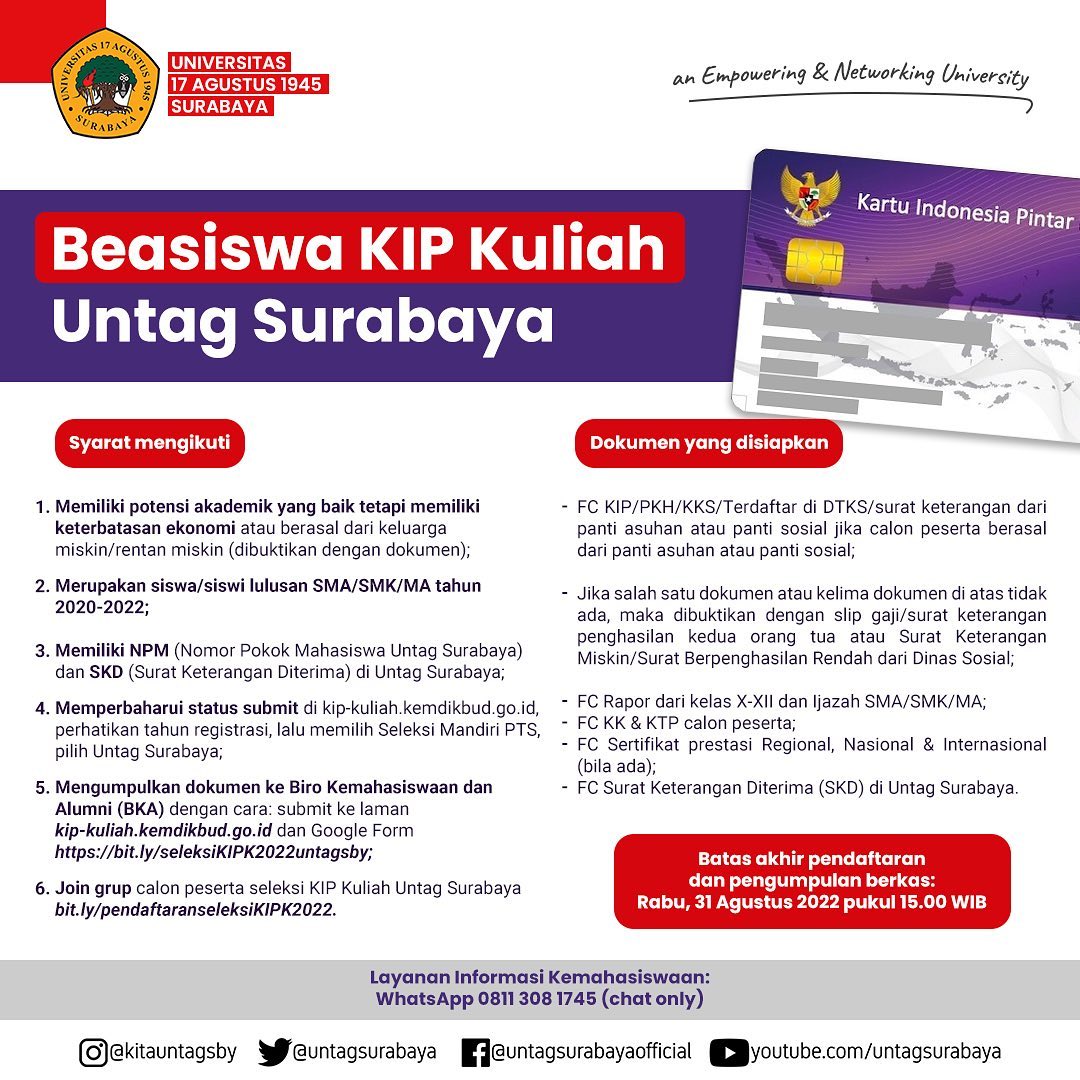 Beasiswa KIP Kuliah di Untag Surabaya telah dibuka